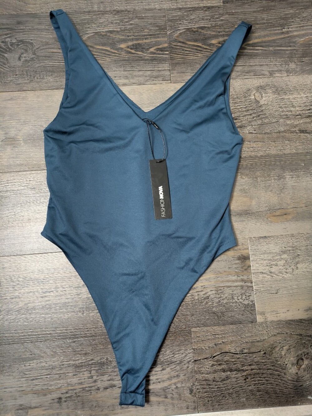 NWT Fashion Nova Deep Teal Bodysuit Size L V Neck Spandex Snap Closure Bodycon